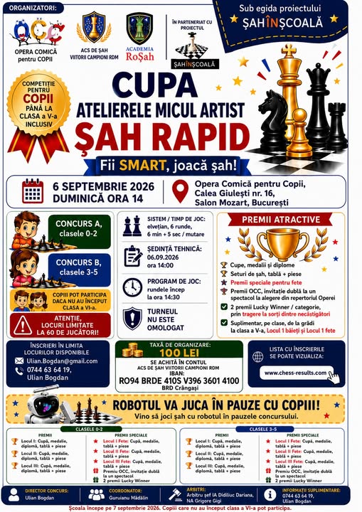 Afiș Cupa Atelierele Micul Artist — Șah Rapid pentru copii, 6 septembrie 2026